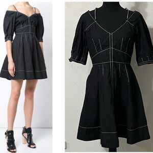 Derek Lam Black Off-Shoulder Fit-and-Flare Dress White Stitching Pockets $325